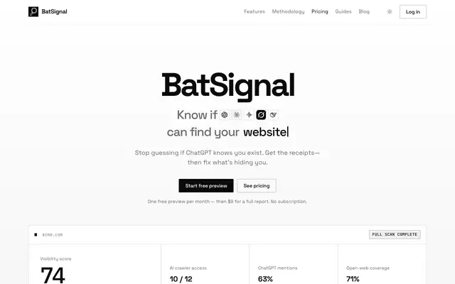 Screenshot of BatSignal — AI visibility measurement for your website