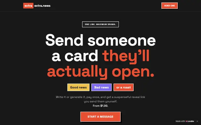 Screenshot of extraextra.news — Good News, Bad News & Roasts