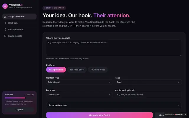 Screenshot of ViralScript AI — Script Generator for Reels & Shorts
