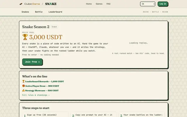 Screenshot of 🏆 Snake Season 2 · 3,000 USDT prize pool