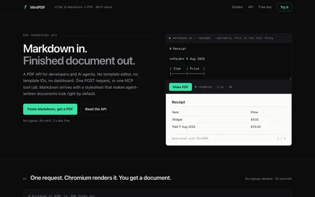 Screenshot of MintPDF — HTML & Markdown to PDF API for AI agents