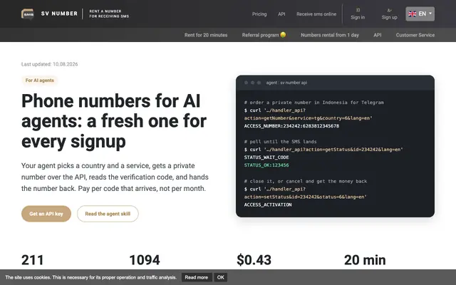 Screenshot of Phone numbers for AI agents in 211 countries - SV Number