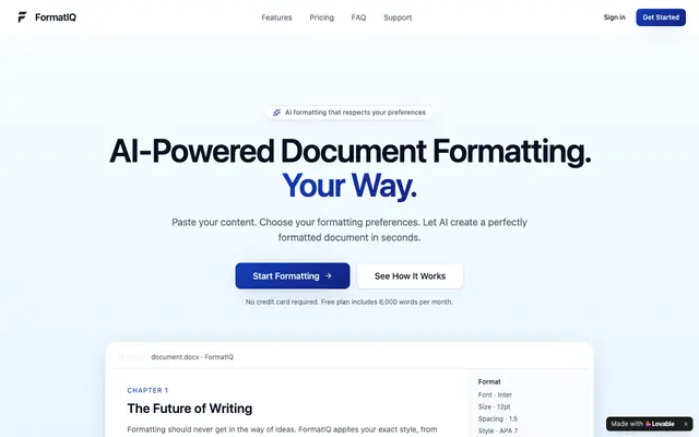 Screenshot of FormatIQ | AI-Powered Document Formatting, Your Way