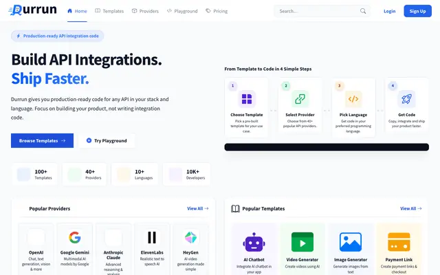 Screenshot of Durrun — Production-Ready API Integrations for Developers