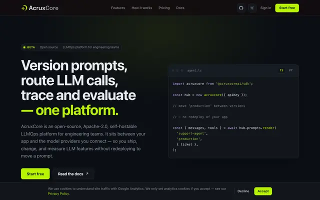 Screenshot of AcruxCore — LLM-ops platform for engineering teams
