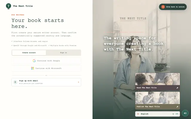 Screenshot of Book writing with The Next Title — online writing software