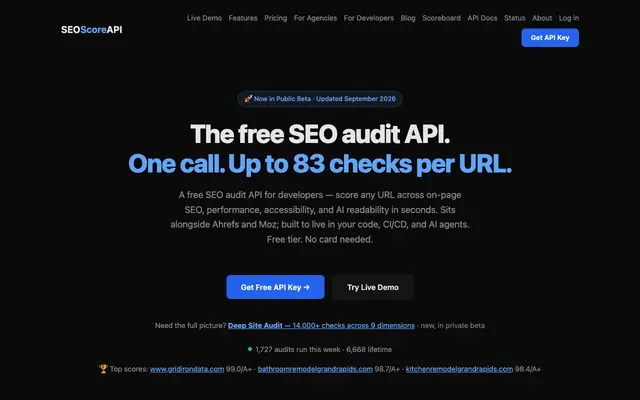 Screenshot of Free SEO Audit API for Developers — 82 Checks per URL, JSON in Seconds