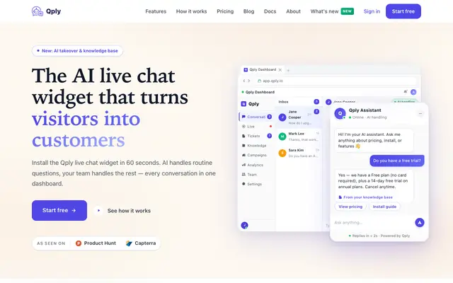 Screenshot of Qply — AI Live Chat Widget for SaaS & E-commerce