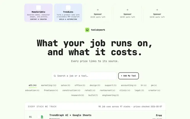 Screenshot of Toolsbywork — The database of tool stacks, by job