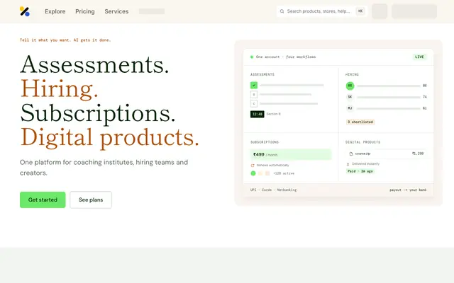 Screenshot of Assessments, hiring, subscriptions and digital products · TheBlueMustard