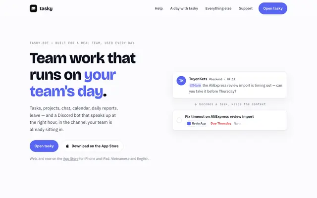 Screenshot of tasky — team work that runs on your team's actual day