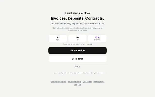 Screenshot of Lead Invoice Flow — Free Invoicing, Deposits & Contracts for Service Businesses