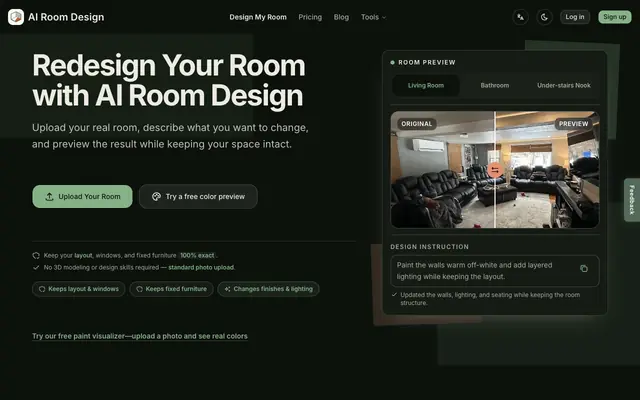Screenshot of AI Room Design Preview — Upload Your Room, See Changes Before You Decide