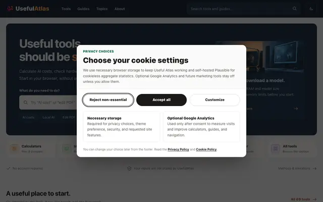 Screenshot of Useful Atlas: Free Browser Tools and AI Calculators