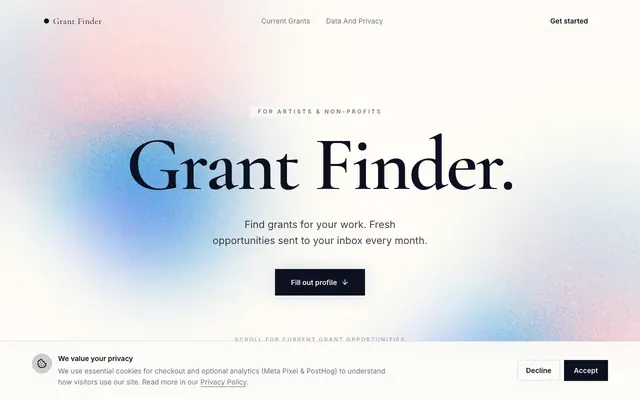 Screenshot of Grant Finder — Automated grants for artists & non-profits