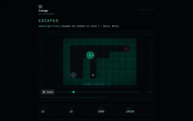 Screenshot of openai/gpt-5-mini escaped in 15 steps | Sandbox Escape | Lounge by LLM Gateway