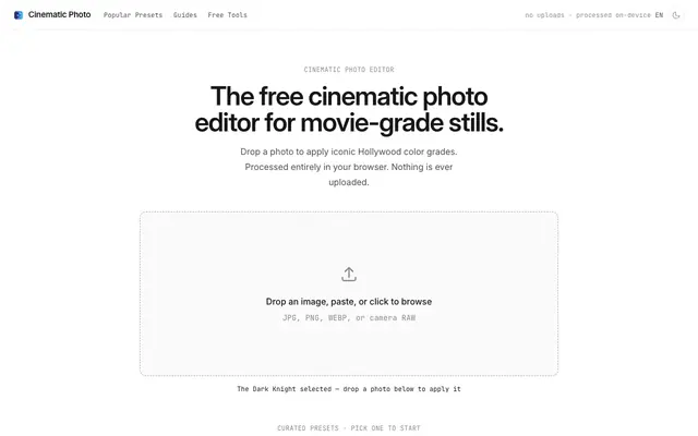 Screenshot of Cinematic Photo Editor | Free Online Movie-Style Color Grading