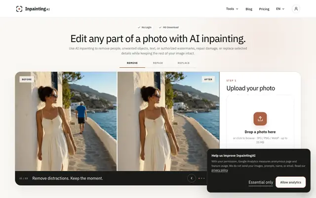Screenshot of AI Inpainting Tool — Remove, Repair & Replace | InpaintingAI