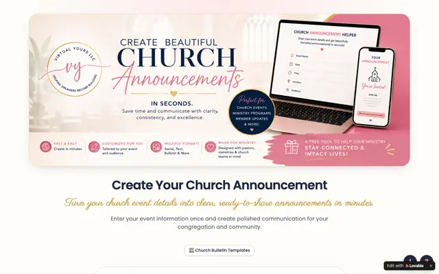 Screenshot of Church Announcement Generator | Create in Seconds
