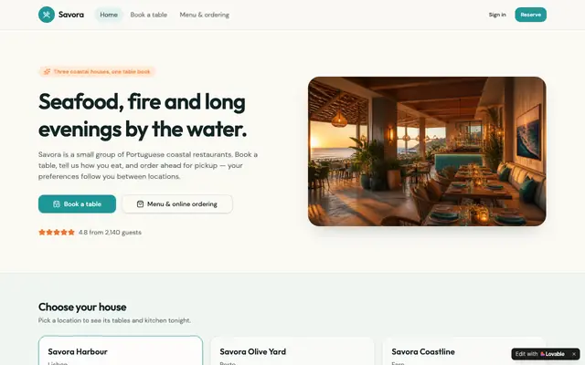 Screenshot of Savora — Coastal dining, booked in seconds