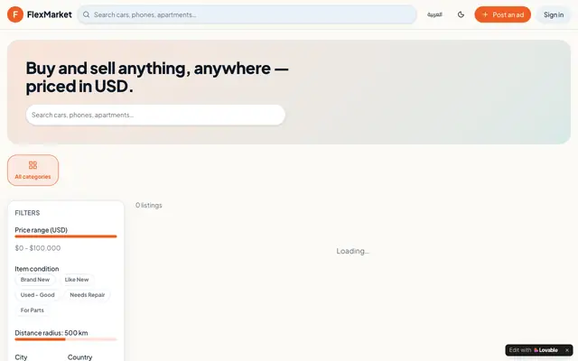 Screenshot of FlexMarket — Buy & Sell Locally and Worldwide in USD