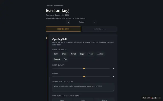 Screenshot of Session Log — Trading Psychology Journal