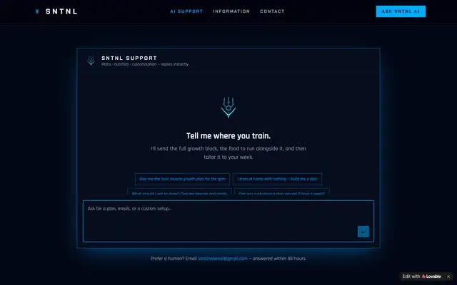 Screenshot of SNTNL Support — AI Training Concierge