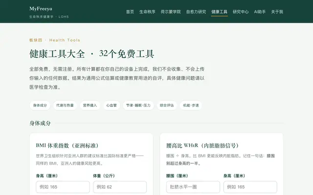 Screenshot of 健康工具大全｜31个免费在线计算器：BMI·基础代谢·蛋白质·心率·睡眠评分 | 生命秩序健康学 LOHS