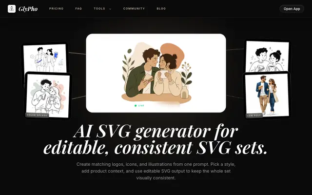 Screenshot of AI SVG Generator for Editable, Consistent SVG Sets | GlyPho