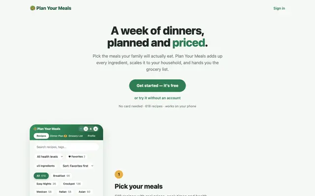 Screenshot of Plan Your Meals — weekly meal planner & grocery list