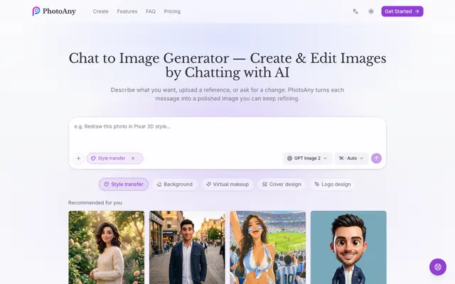 Screenshot of Chat to Image Generator — Create Images with AI | PhotoAny