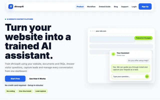 Screenshot of dhroopAI - AI Chatbot Platform for Websites