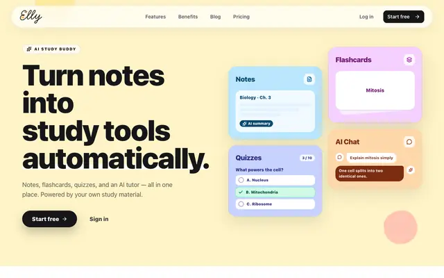 Screenshot of AI Flashcards, Quizzes & Study Tools | Elly Notes