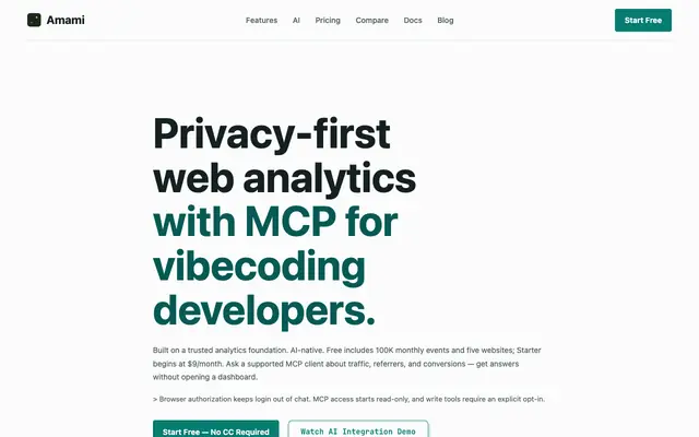 Screenshot of AI Web Analytics and Google Analytics Alternative | Amami