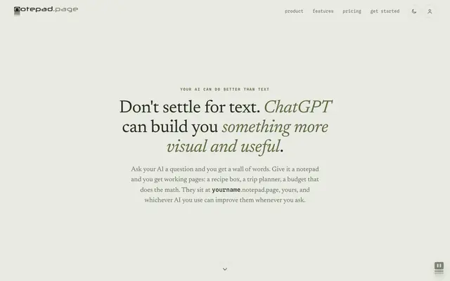 Screenshot of notepad.page — Your AI can build useful, visual pages