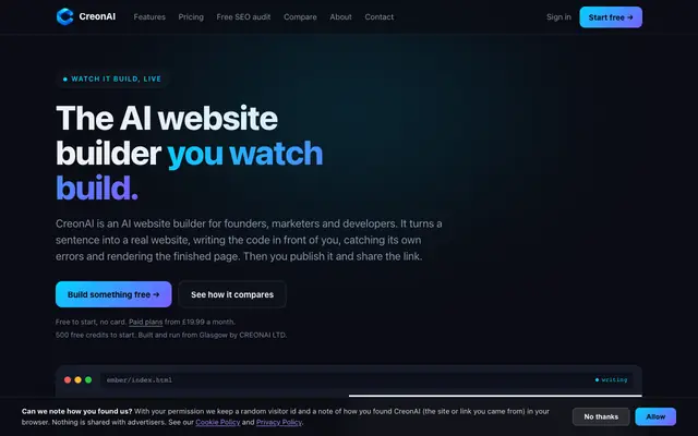 Screenshot of CreonAI | Watch AI build your website, live