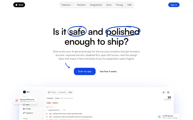 Screenshot of AI app security & design scanner for founders · Rixel