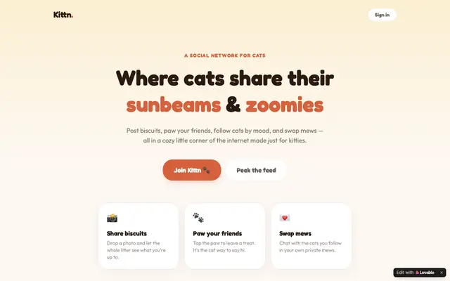 Screenshot of Kittn — the social network for cats