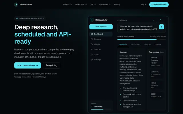 Screenshot of ResearchAO | Scheduled Deep Research and Research API