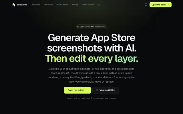Screenshot of Shotluma — Free AI App Store Screenshot Generator