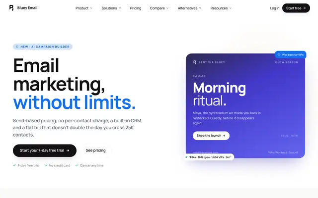 Screenshot of Bluey Email — Email marketing that doesn't punish you for growing