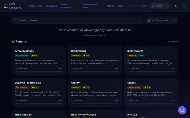 Screenshot of AlgoPatterns - Master DSA Patterns for FAANG Interviews