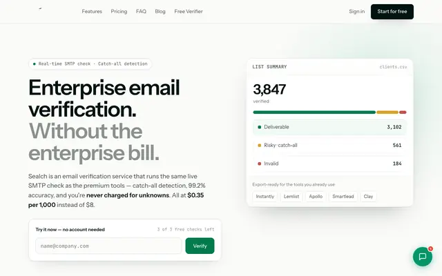 Screenshot of Sealch Pro — Cheap Email Verification | $0.35 per 1,000