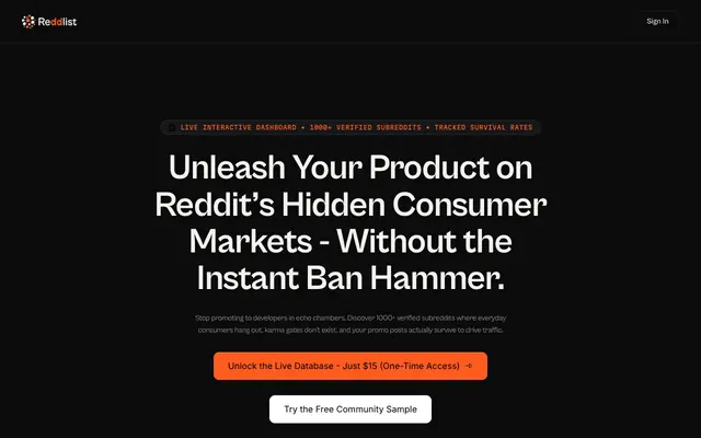 Screenshot of Reddlist - Reach Millions on Reddit Without Automod Bans (Verified Database)