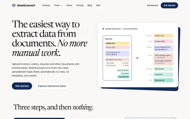 Screenshot of SheetConvert – AI Document to Excel Converter | Invoices, Resumes & More