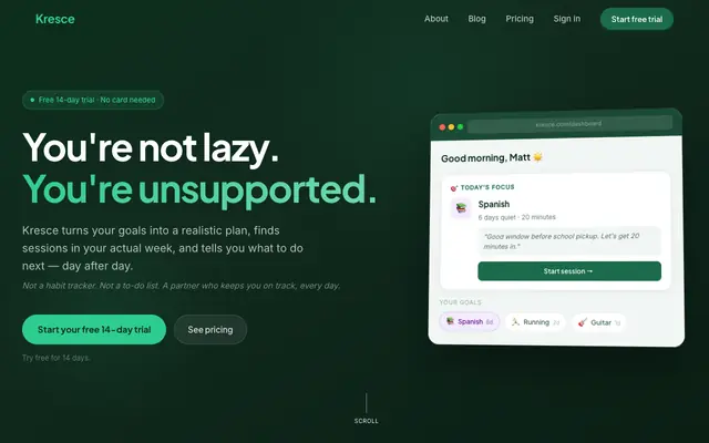 Screenshot of Kresce — Stop planning. Start doing.