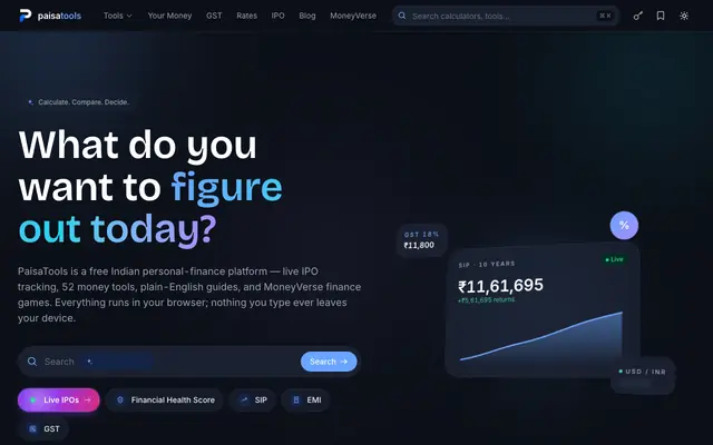 Screenshot of PaisaTools — India's premium financial toolkit