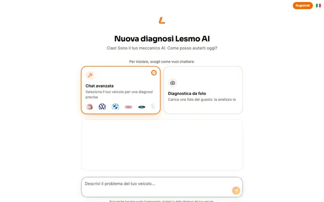 Screenshot of Meccanico AI gratis: diagnosi auto e moto in chat — Lesmo AI
