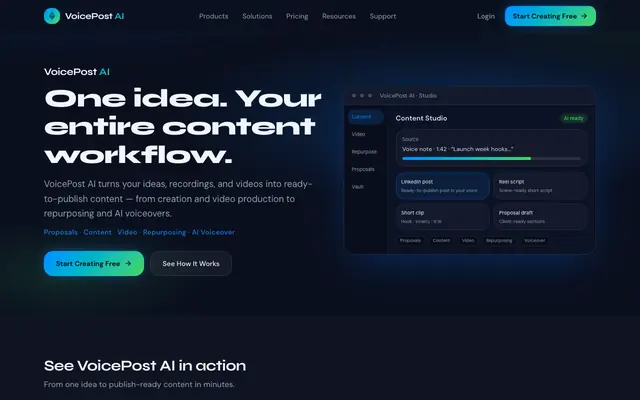 Screenshot of VoicePost AI | Voice to Content, Video Scripts, Clips & Proposals