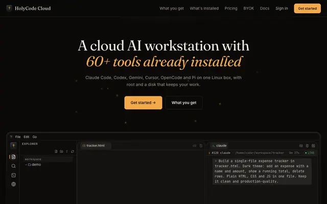 Screenshot of HolyCode Cloud — a cloud AI workstation with 60+ tools already installed